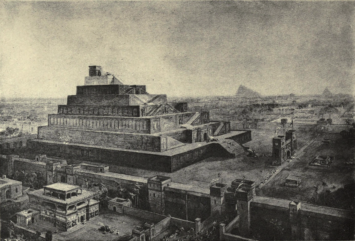 Esta ilustración del siglo XIX de William Simpson, “Los muros de Babilonia y el templo de Bel (o Babel)”, fue influenciada por las primeras investigaciones arqueológicas en el sitio.